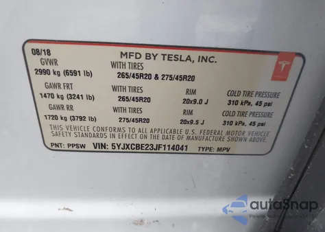 2018 Tesla Model X 100D/75D/P100D из США, поврежденный, VIN 5YJXCBE23JF114041